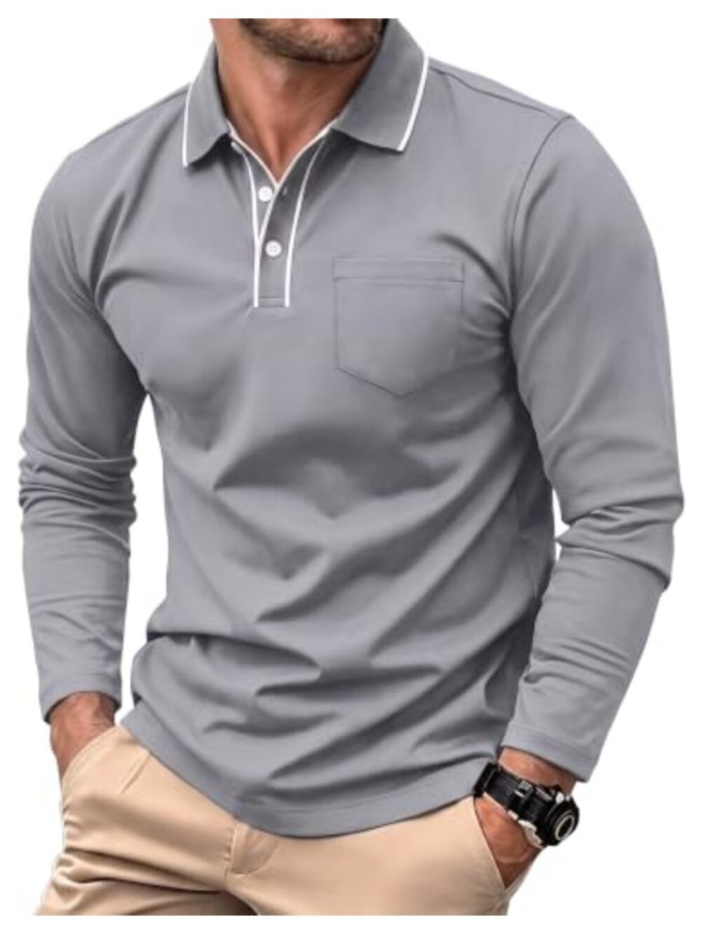 Men's Long Sleeve Polo Shirt Casual Golf Shirt with Pocket